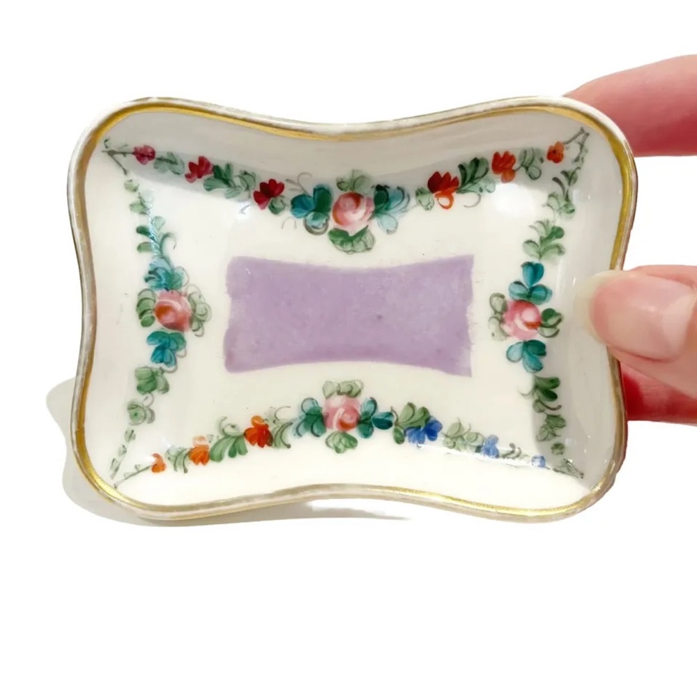 Limoges France Hand Painted Floral Porcelain Trinket Dish EG Small Purple Green